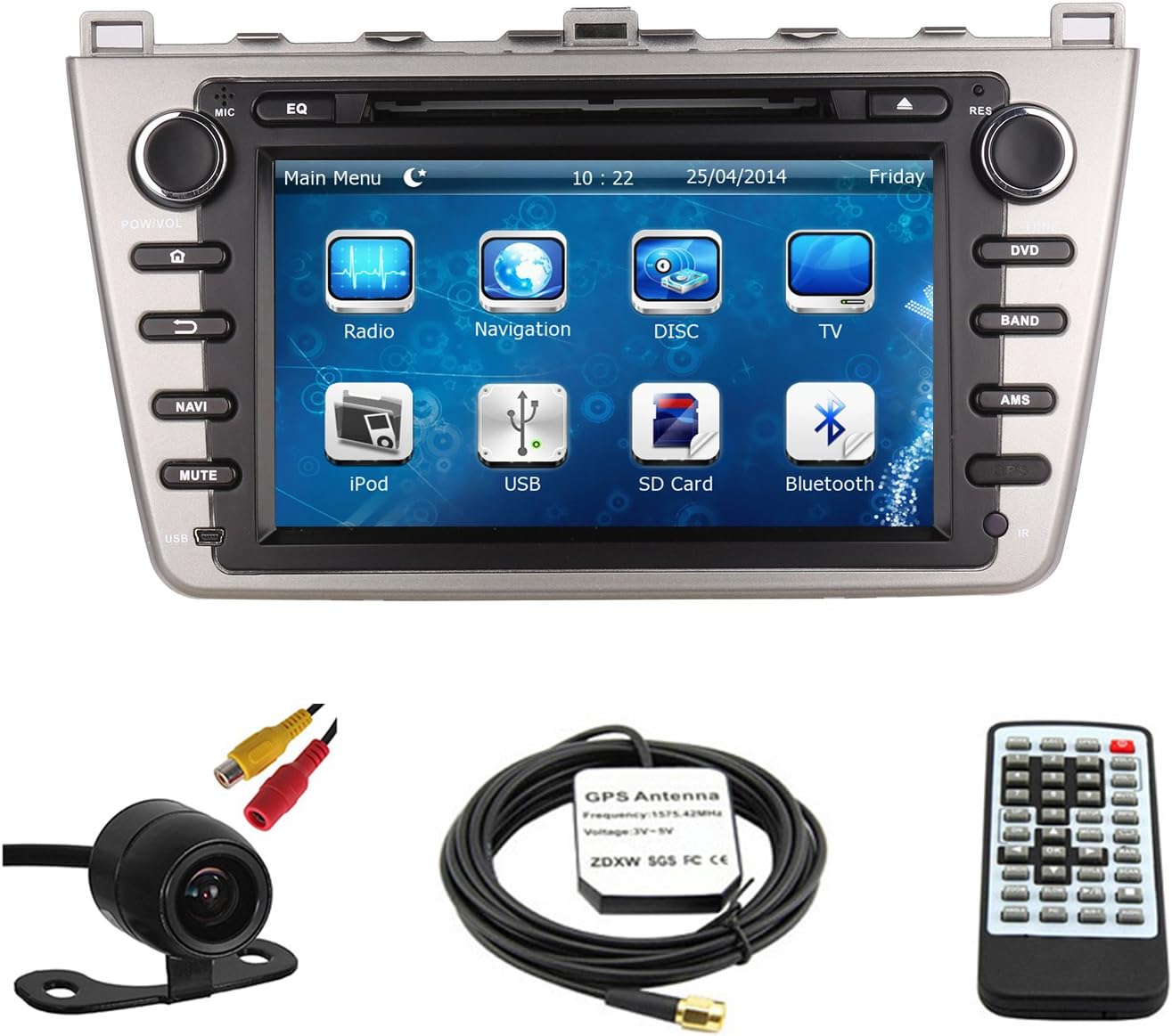 Car GPS Navigation System for Mazda 6 2009 2010 2011 2012 2013 Double Din Car Stereo DVD Player 8 Inch Touch Screen TFT LCD Monitor In-dash DVD Video Receiver with Built-In Bluetooth TV Radio, Support Factory Steering Wheel Control, RDS SD/USB iPod AV BT AUX IN+ Free Backup Camera + Free GPS Map of USA-Sliver