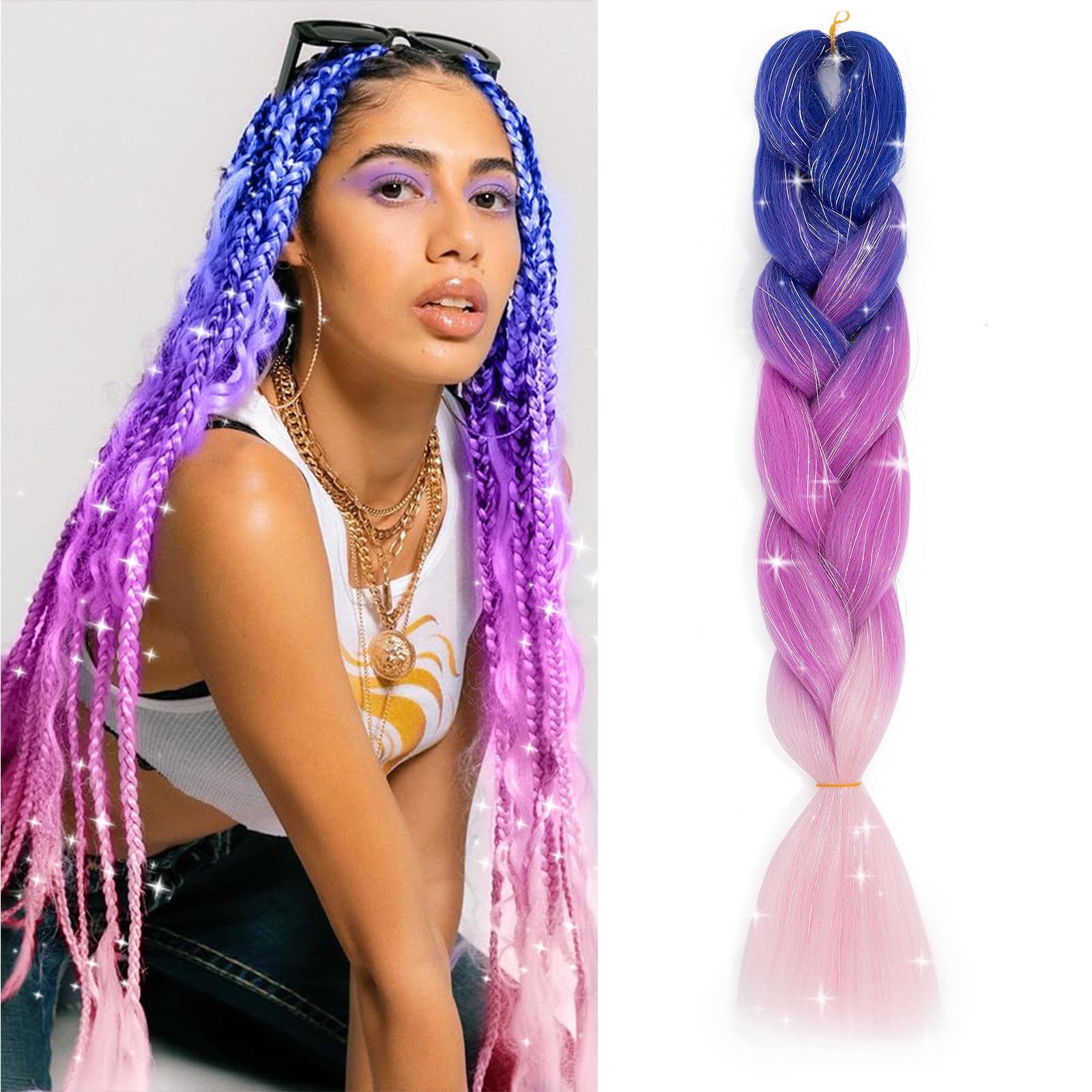 Ombre Jumbo Braiding Hair Colorful Tinsel Hair Extension 24 Inch 1PC Synthetic Braids Rainbow Hair for Girls Women,Glitter Fake Hair for Festival Rave,Blue to Light Purple to Pink Glitter
