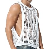 Evankin Mens Sexy Stripe Fishnet Tank Top See Through Mesh Sleeveless Tank Shirt Hollow Out Sheer Undershirts