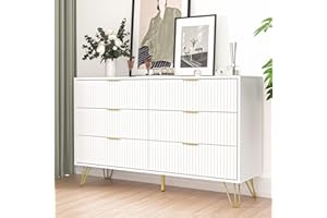 FURNIWAY White Dresser, Modern 6-Drawer Dresser for Bedroom with Gold Handles, Wide Chest of Drawers for Living Room