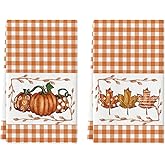 Artoid Mode Orange Stripes Polka Dot Pumpkin Fall Kitchen Towels Dish Towels, 18x26 Inch Farmhouse Maple Leaves Decoration Hand Towels Set of 2