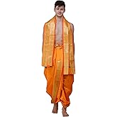 Ready to Wear Dhoti and Angavastram Set with Meenakari Woven Golden Border - Art Silk