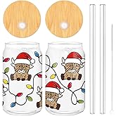 Whaline 2Pcs Highland Cow Iced Coffee Cup Christmas Cow Light Bulb Drinking Glasses 16oz Xmas Glass Cup with Lids and Straw for Cocktails Whiskey Beer Soda Gifts