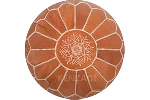 KENZADI Genuine Leather Ottoman Pouf Cover Hand Stitched in Marrakech by Moroccan Artisans, Footstool, UNSTUFFED (Tan)