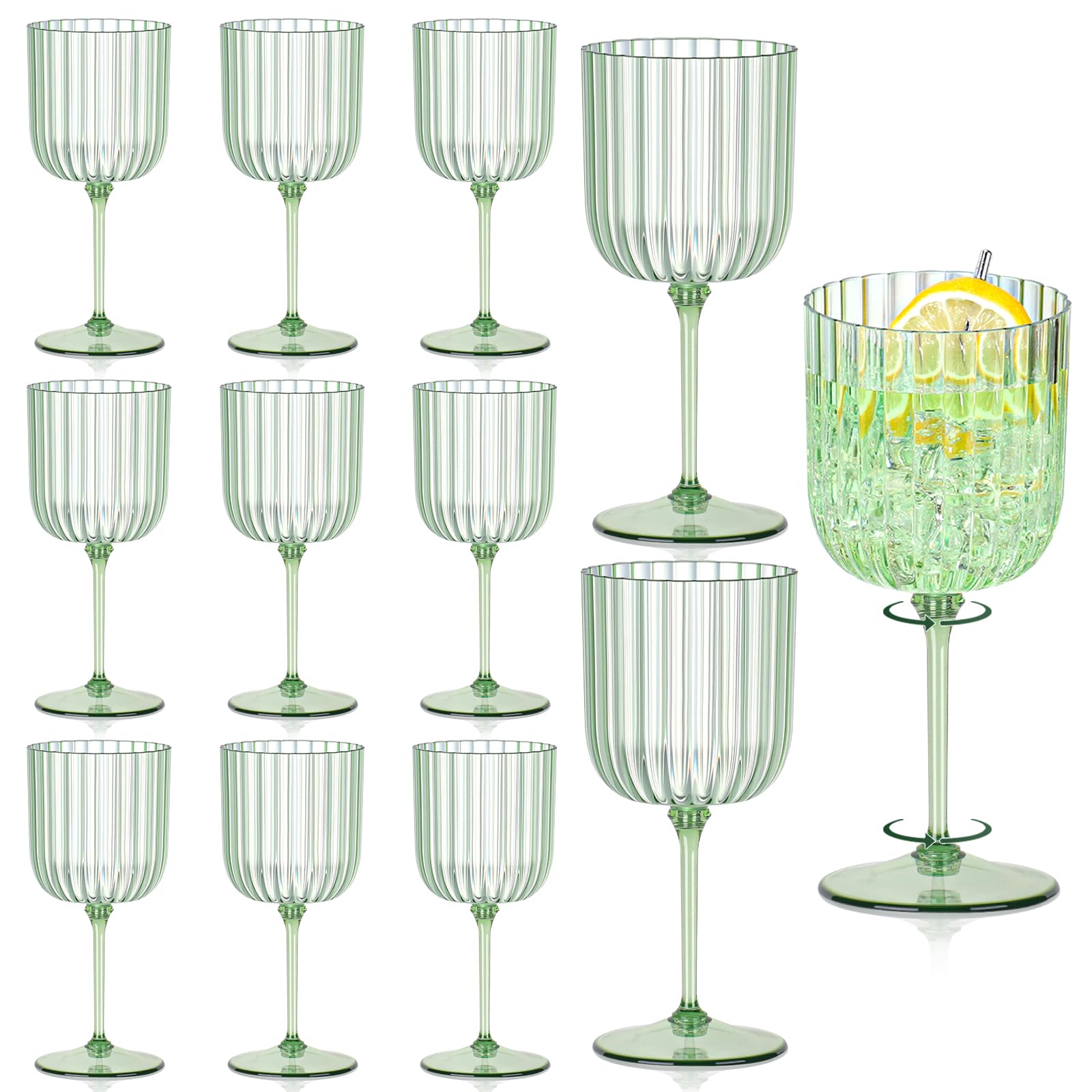 Photo 1 of 12 PCS Plastic Ribbed Wine Glasses 11oz Green Detachable Wine Goblet Unbreakable Vintage Ripple Water Goblets Cocktail Drinking Cups for Parties Weddings Poolside Outdoors