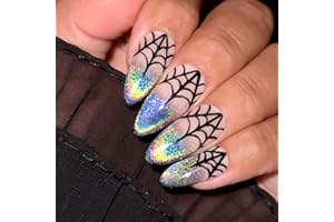 LOPMNGHT Halloween Press on Nails Medium Almond Shaped French Gradient Spider Web Design Glossy Fake Nails Full Cover Coffin Glue on Nail Halloween Artificial Fingernails for Women Festival Manicure 24Pcs