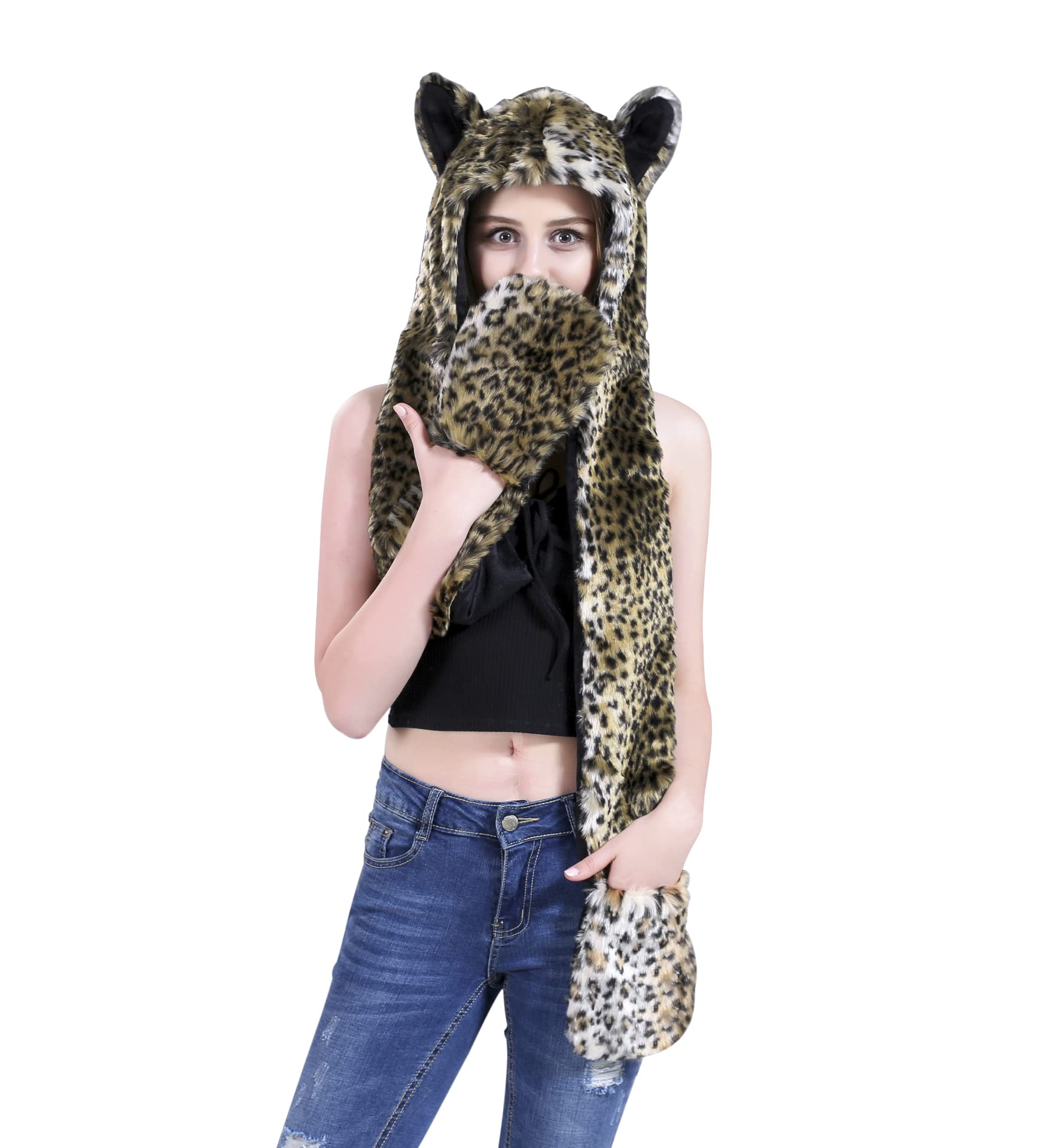 Women Faux Fur Beanie Scarf Gloves Set Teen Girls Winter Warm Soft Windproof Skull Cap Mufflers Cartoon Animal Cos Halloween Costume Hat Headwear with Mitten Pocket Gloves