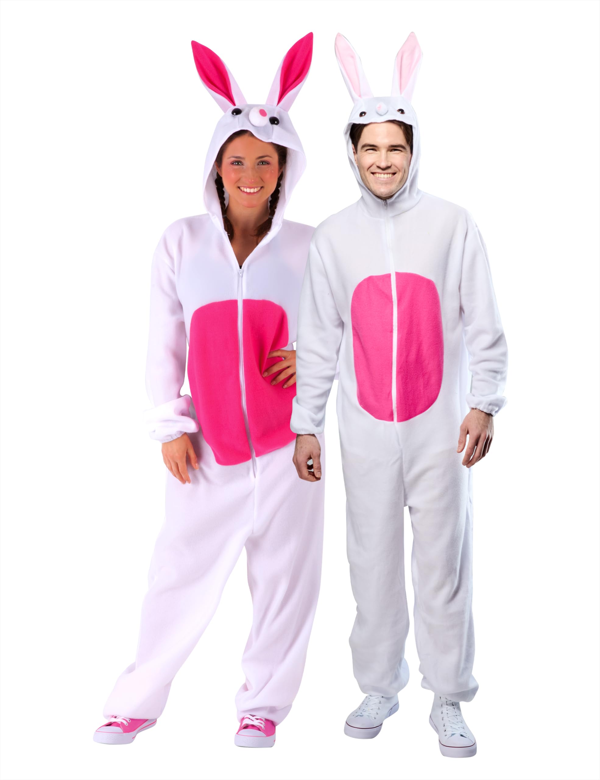 Rubies S8449 - Rabbit Costume for Adults with Front Zipper, Hood and Attached Tail, Original by Rubies for Easter, Carnival and Birthday, White Color with Pink Details, One Size