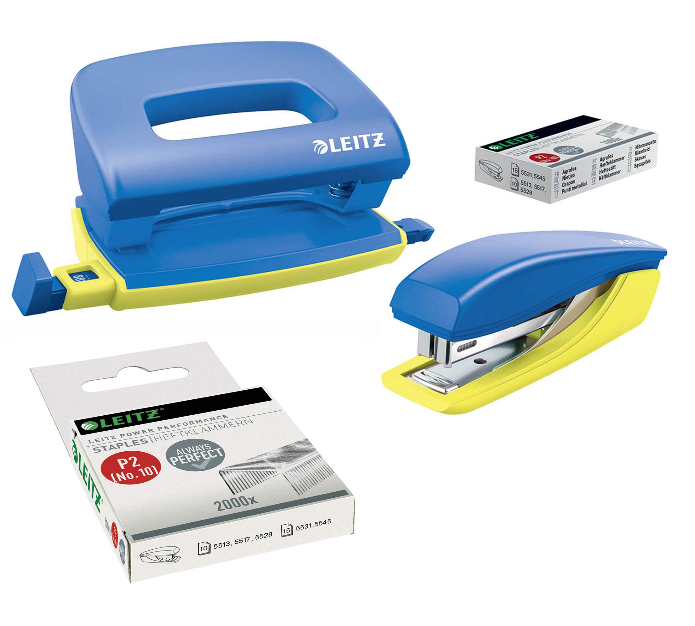 Leitz Urban Chic 55996032 Mini Stapler and Hole Punch Set Holds up to 10 Sheets Including Staples Blue (1 Set + 2000 Extra Staples) — image 1