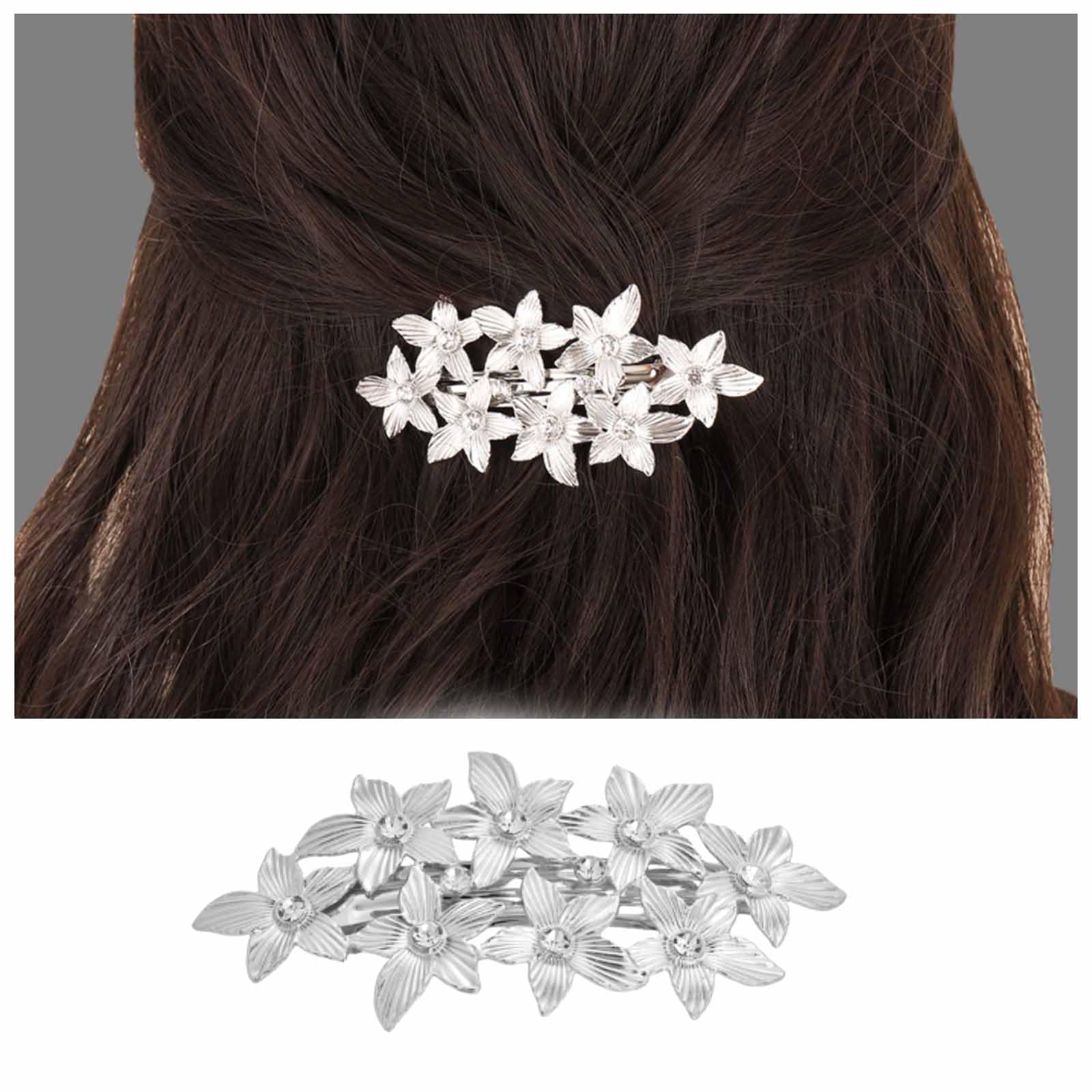 Xduargs Boho Rhinestone Flower Bridal Hair Clips Crystal Flower Hairclip Barrette Vintage Flower Wedding Headpiece Shiny Cz Flower Floral Hairclip Bridal Hair Accessories(Silver)
