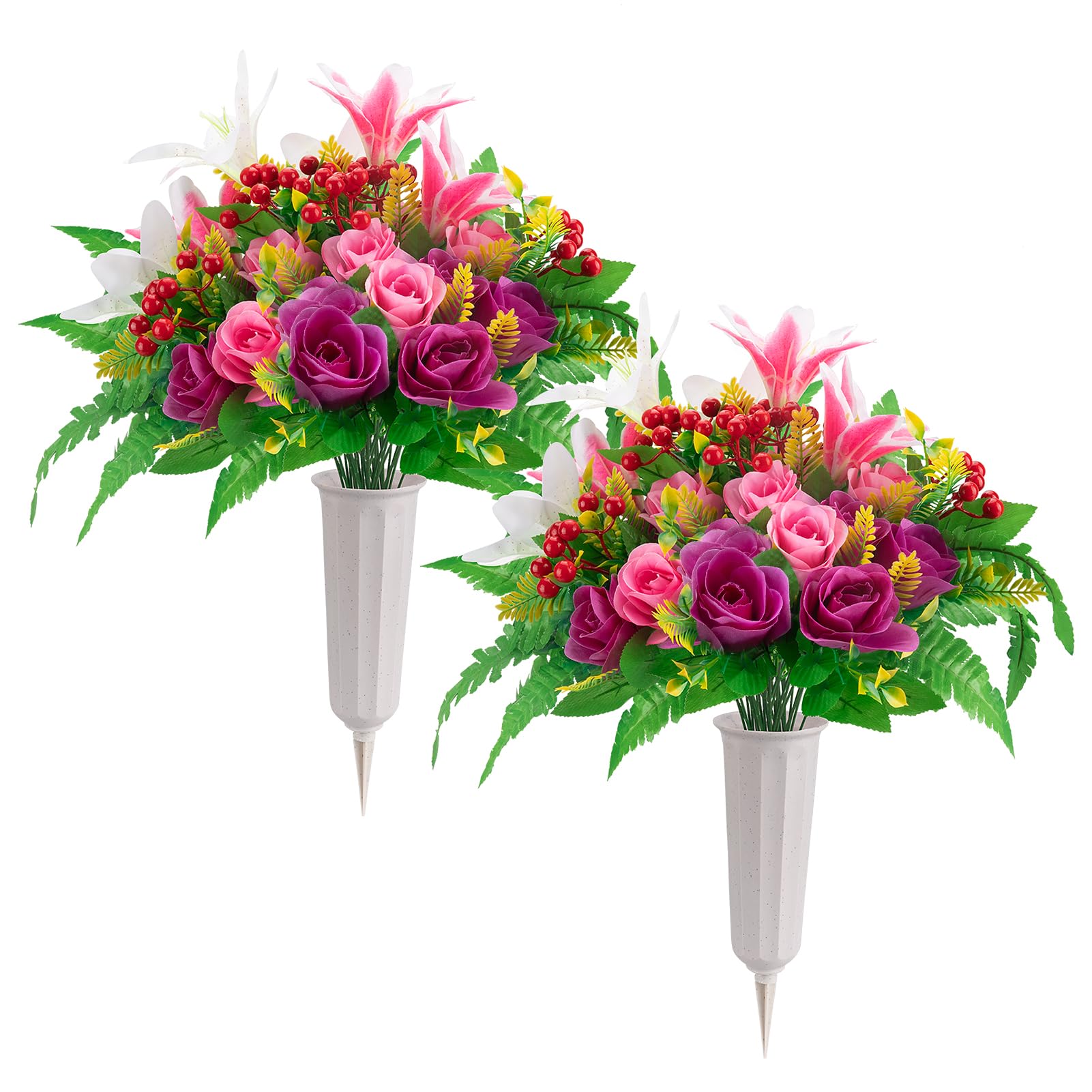 Photo 1 of Decorniqu Artificial Cemetery Flowers with Vase 2 Sets Memorial Flowers Artificial Rose Lily Bouquet Graveyard Memorial Flowers for Cemetery Headstones Grave Memorials Decoration