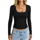 DCCISU Women's Square Neck Long Sleeve Crop Tops Slim Fitted Seamed Corset Top 2025 Fall Fashion Going Out Shirts