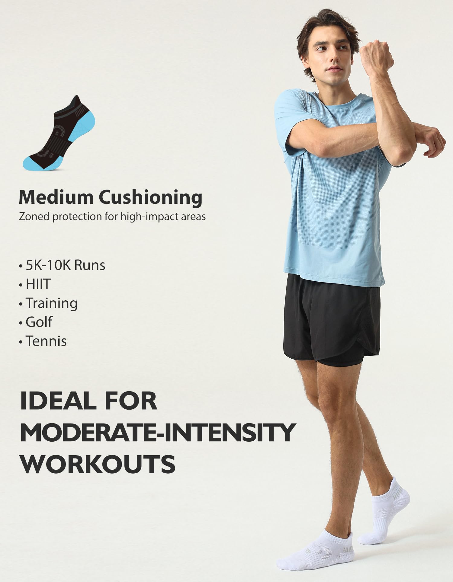 CLOSEMATE 6 Paar Sneaker Socken Herren Kurze Socken 43-46 Gepolsterte Laufsocken Moisture-Wicking Ankle Socks for Running 6 Weiß 6