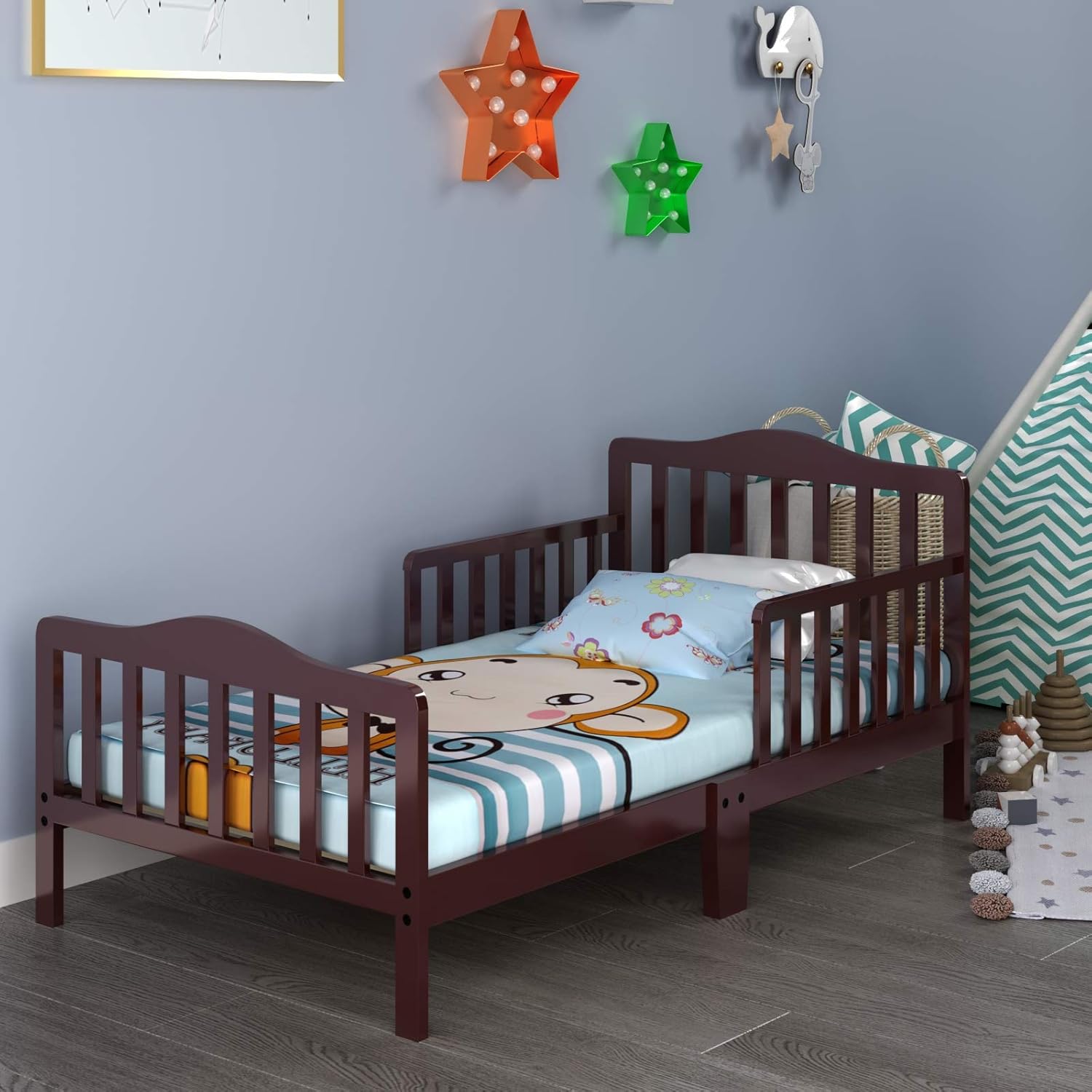 Amazon Com Costzon Toddler Bed Classic Design Rubber Wood Kids Bed W Double Safety Guardrail For Children Bedroom Furniture Kids Room Parent Room Fits Crib Mattress Gift For Toddler Boys Girls Cherry