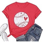 Baseball Shirt Women Baseball Heart Tee Shirts Baseball Mom Tshirt Game Day Casual Crew Neck Short Sleeve Tops