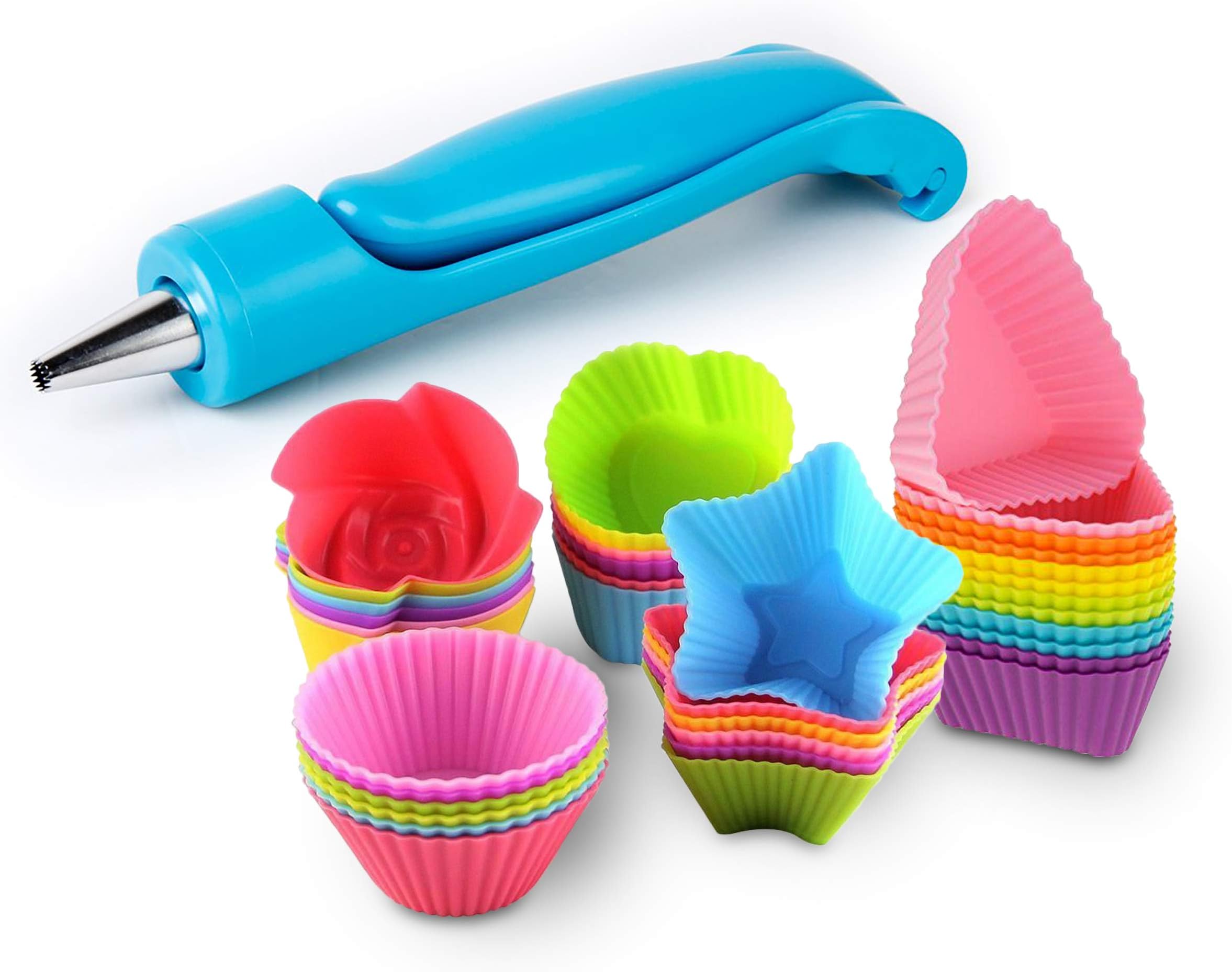 Cupcake Baking Cup Molds Bundle Easy Clean Pastry Liners 48 Nonstick Reusable Silicone Muffin Molds with Icing Pen Cupcake & Cake Decorating Pen Set