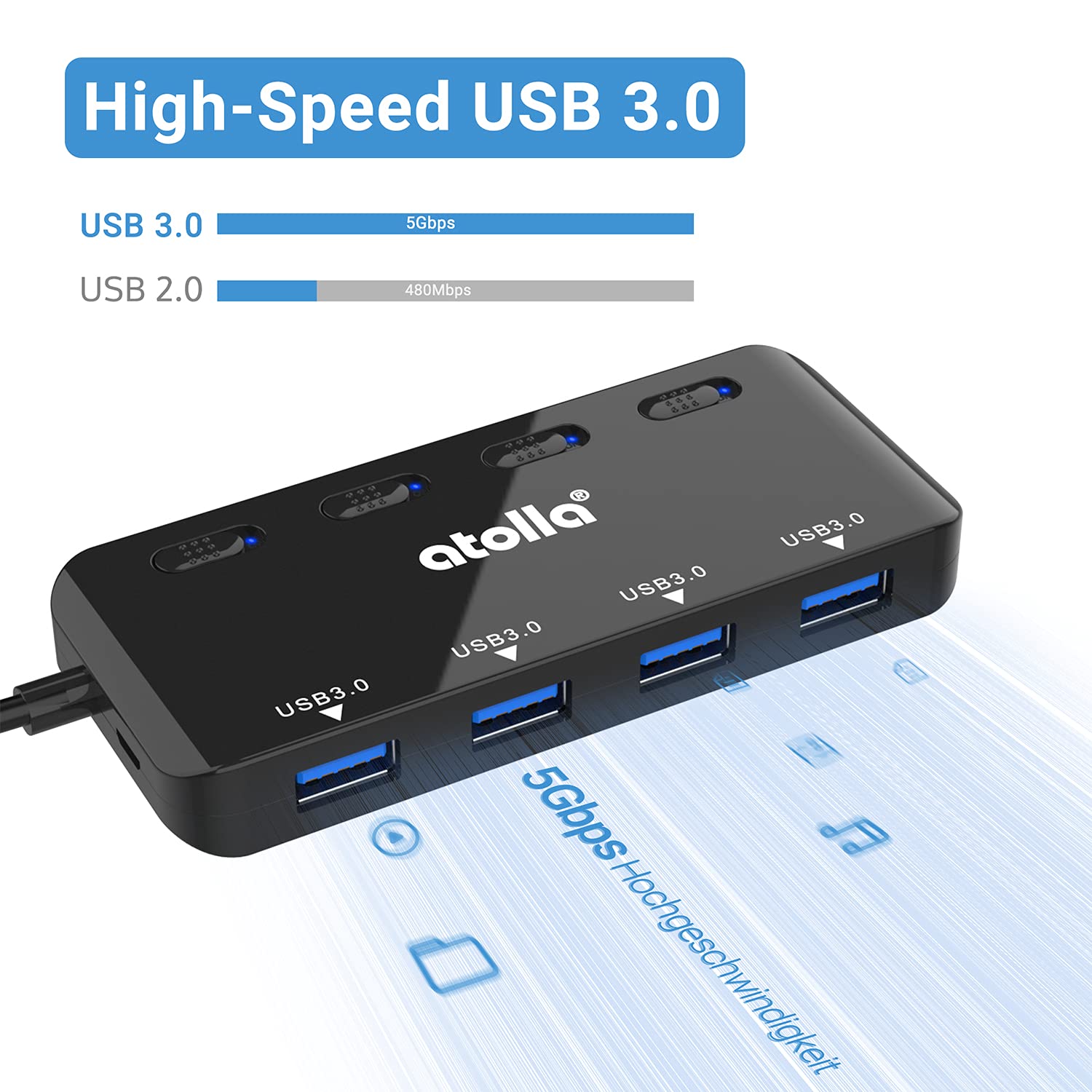 atolla USB Hub mit 4 USB 3.0 Ports, 60cm Kabel, Ultra dünn USB Verteiler mit einzelnen Power Schalter und LEDs für PC, Mac Pro/Mini, iMac, MacBook Air, Surface Pro, Flash Drives, Mobile HDD 3