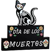 Thyle 3 Pieces Day of the Dead Decorations Dia De Los Muertos Wooden Block Cat Skull sign Centerpiece for Table Halloween Party wood Centerpieces decor Sugar Skull Signs for Mexican Home