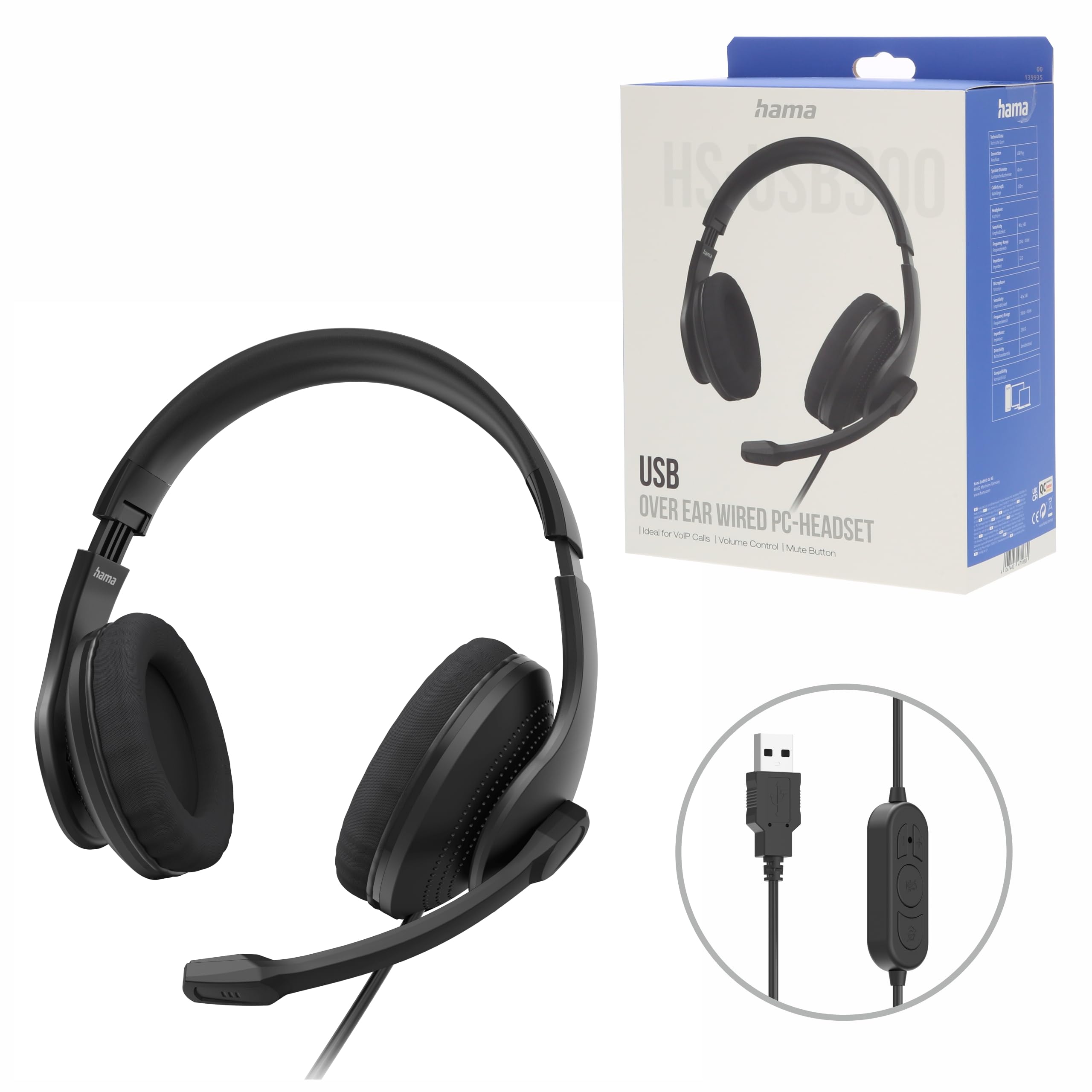 Hama HS-USB300 V2 Black Over Ear PC Headset with Microphone, Wired, USB A Port, Aux, 2 m Audio Cable, Volume Control, Mute Button, Comfortable Ear Cups, Flexible Microphone Arm, 30 grams, Black