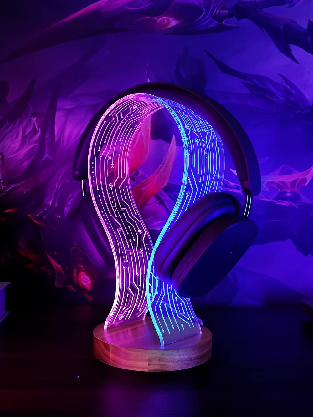 YuanDian Walnut Headphone Stand LED Light USB Powered Gamer Headset Holder