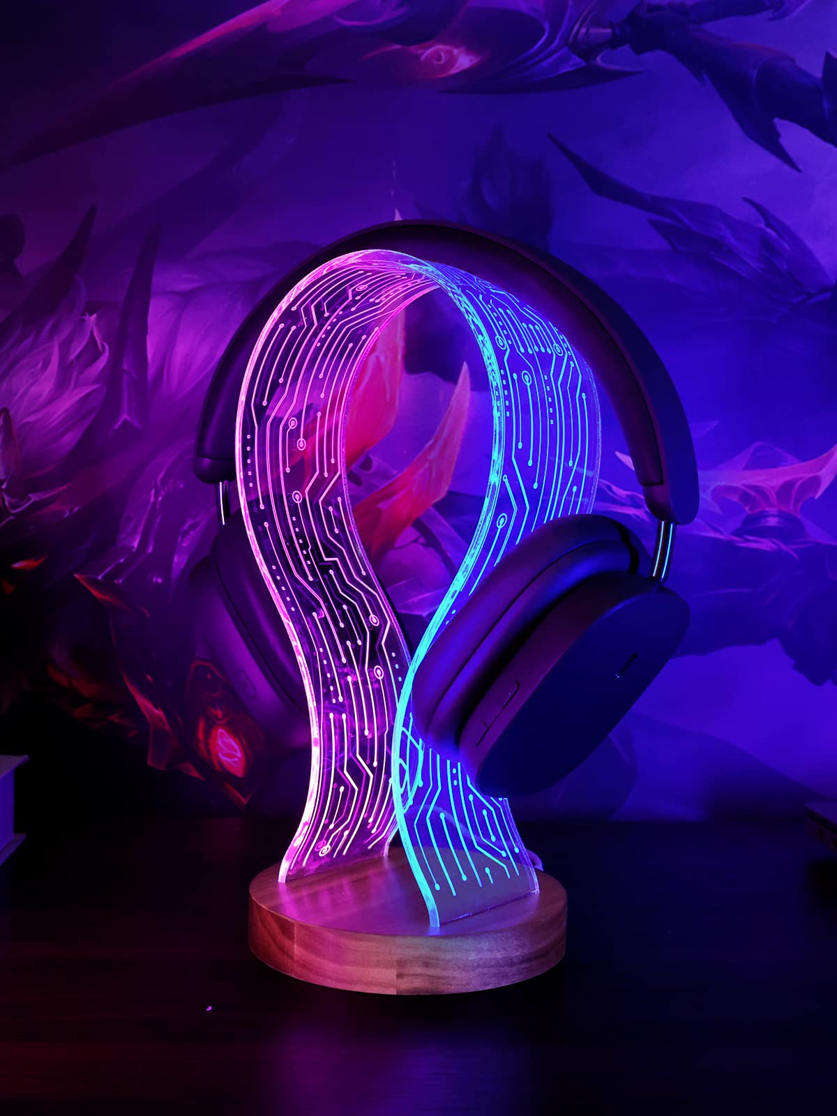 Photo 1 of YuanDian Headphone Stand, Walnut Wood Headset Holder with Blue Pink LED Night Light for Gamers, Men, and Music Lovers - Perfect Desk Gift Idea