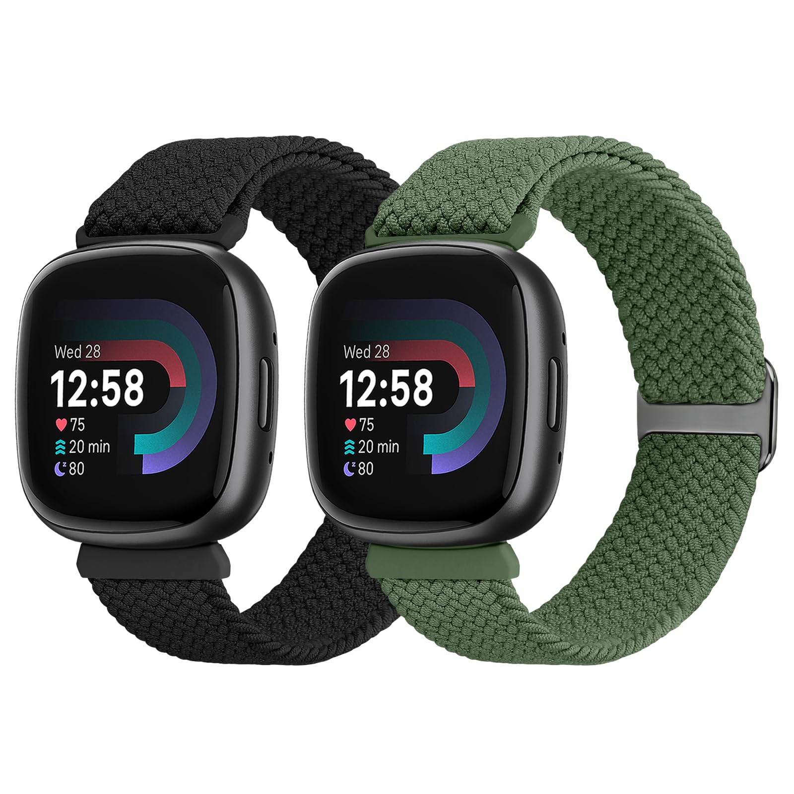 SHIJZWD Elastic Braided Strap Compatible w/ Fitbit Versa 4/Versa 3/Sense 2/Sense，2 Pack Sport Nylon B & Adjustable Stretchy Replacement Wristb & Fitbit Versa 3/Versa 4/Sense 2/Sense ，Black+Olive