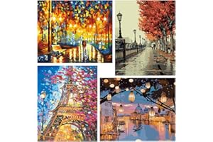 cupmod Paint by Number for Adults, 4 Pieces Paint by Numbers for Adults Beginner Drawing Paintwork with Paintbrushes Cityscape Paint Canvas Oil Painting 12X16inch