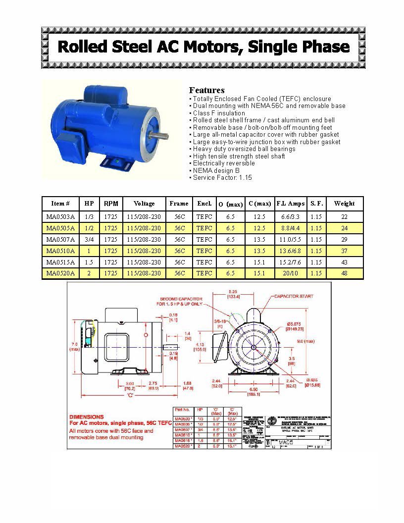 Hallmark Industries MA0505C AC Motor, 1/2 hp, 1725 RPM, 1PH/60 hz, 115/208-230V AC, 56C/ODP, Cap Start, with Foot, SF 1.15, Steel (Pack of 1): Industrial & Scientific