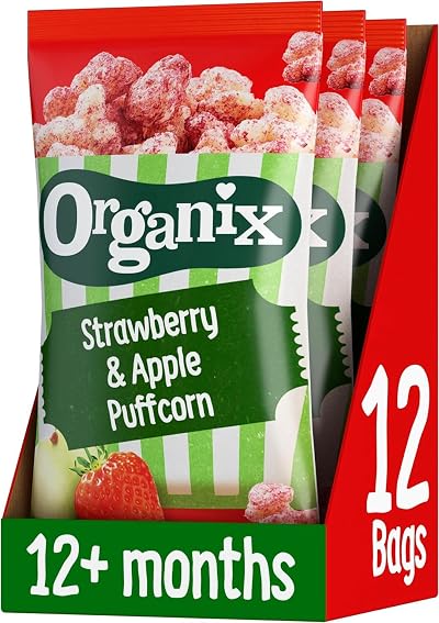 Organix Puffcorn Strawberry & Apple Organic Toddler Snack 4 x 10 g Bags Pack 3