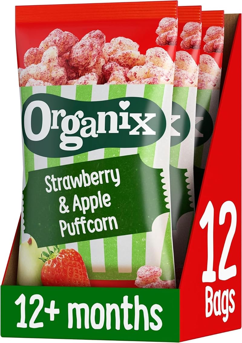 Organix Puffcorn Strawberry & Apple Organic Toddler Snack 4 x 10 g Bags Pack 3