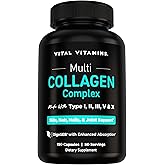 Vital Vitamins Multi Collagen Peptides Complex for Women &amp; Men, 150 Pills | Supports Skin, Hair &amp; Nails, 5 Collagen Types I II III V &amp; X, Grass-Fed Non-GMO Collagen Supplements