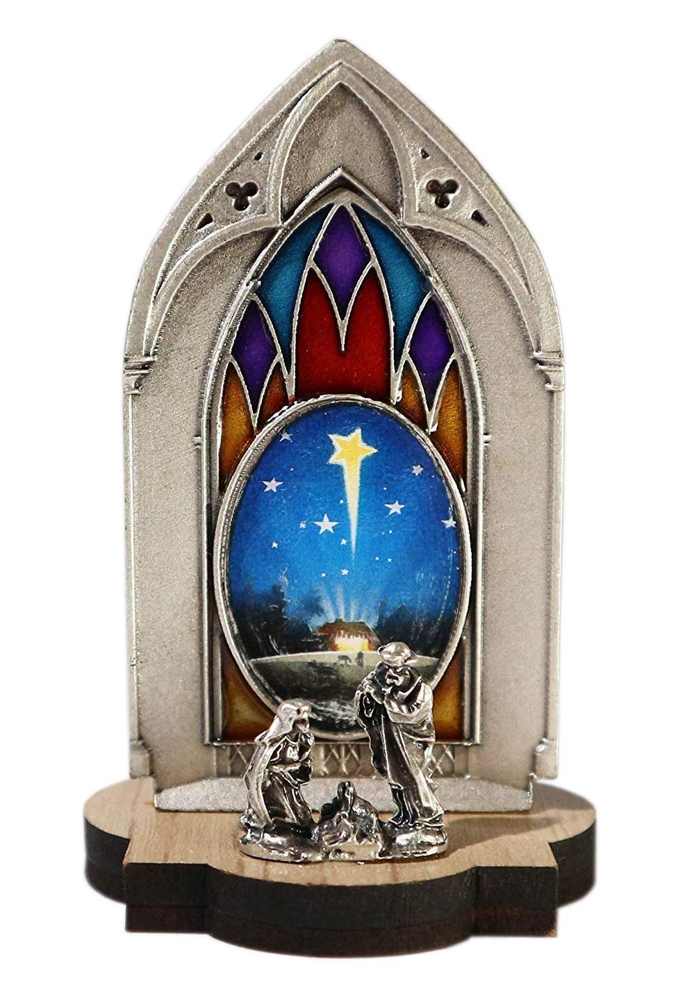 Eurofusioni Collectors Gothic Nativity Set with Image - Silver Plated Miniature Nativity Scene with wooden base - Christmas decoration