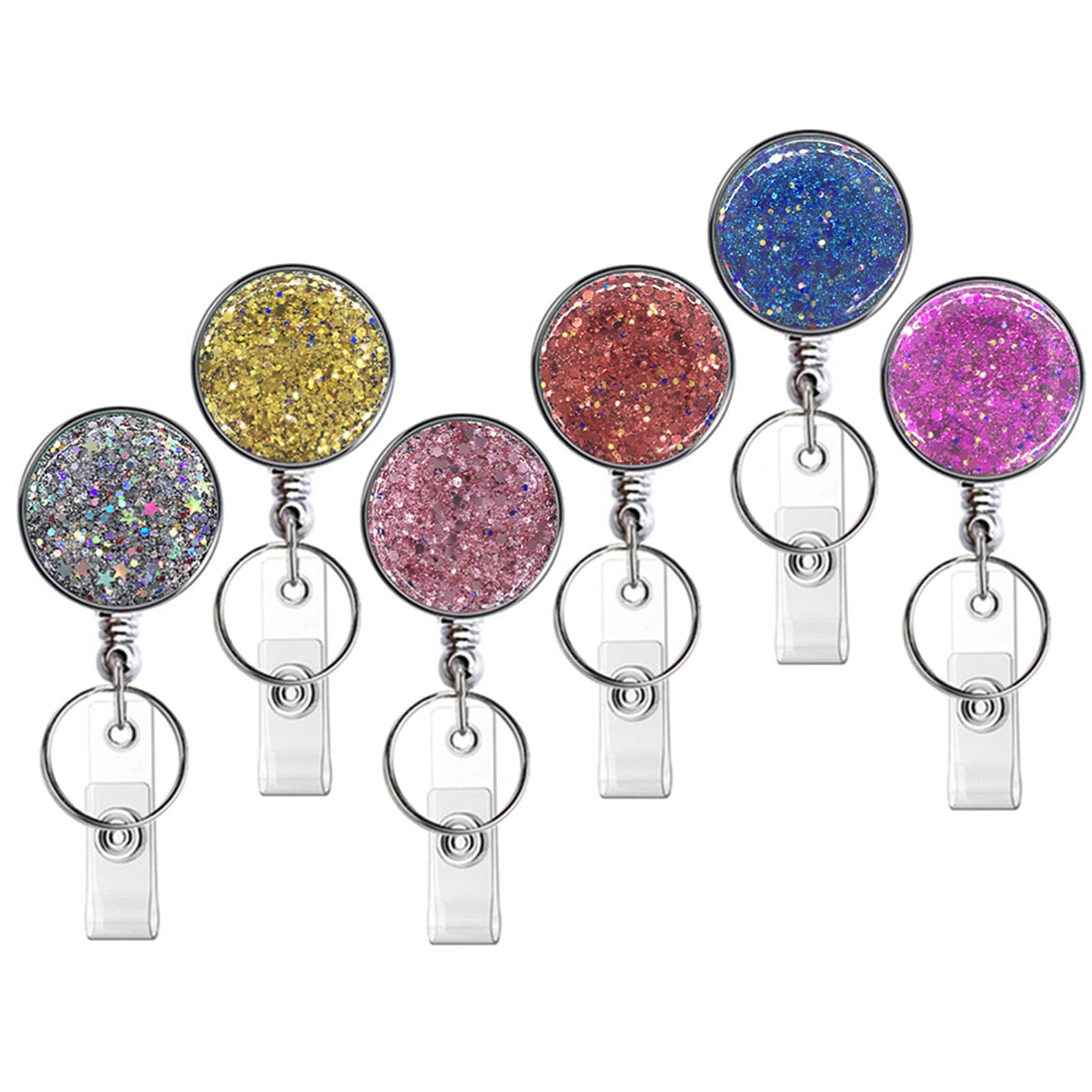 Retractable Badge Holder, Lightweight Plastic Badge Reel Retractable Card Holder with Key Ring Backing Belt Clip for Nurse,Volunteer,Teacher,Student,Office (6pack Glitter Colorful-UK) — image 1