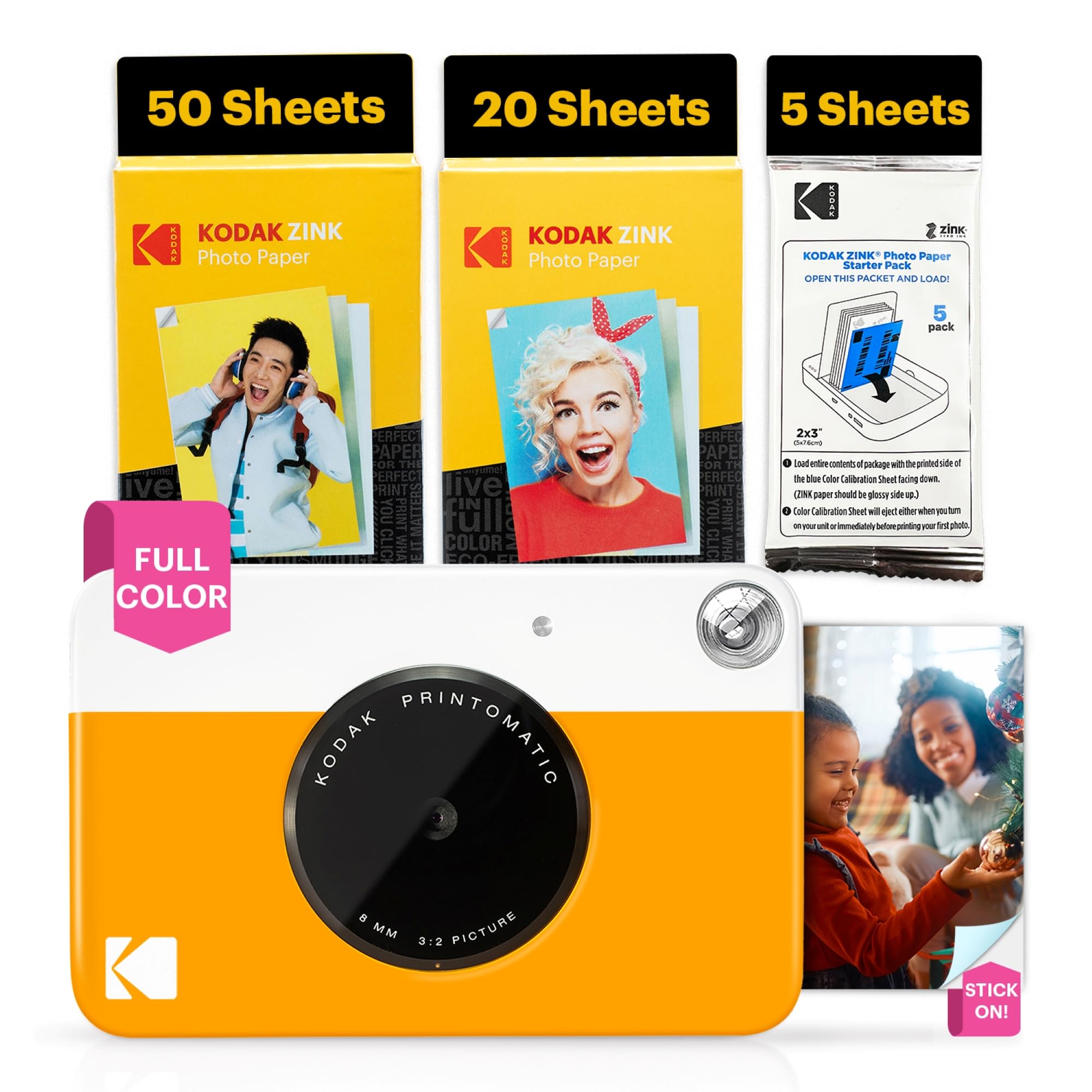 Kodak Printomatic Cámara digital de impresión instantánea a todo color - Paquete de 75 hojas - Impresiones en papel fotográfico adhesivo Zink 2x3 - 5MP, portátil, regalo divertido creativo para cumpleaños, Navidad, vacaciones - Amarillo