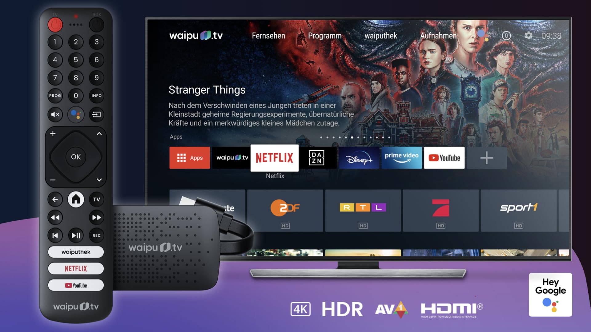 waipu.tv 4K Stick (1. Generation) | Inkl. Fernbedienung mit Schnellwahltasten | Fernsehen über WLAN | HDMI | 4K | HDR | Dolby Atmos | Voucher für 3 Monate 300 TV-Sender & 40.000 Filme & Serien 2