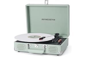 MANGOSTAN Record Player 3 Speed Bluetooth Portable Suitcase, Vinyl Phonograph with Built-in Bass & Speakers, Belt-Driven LP Player Support AUX-in RCA Line Out Headphone Jack, Green