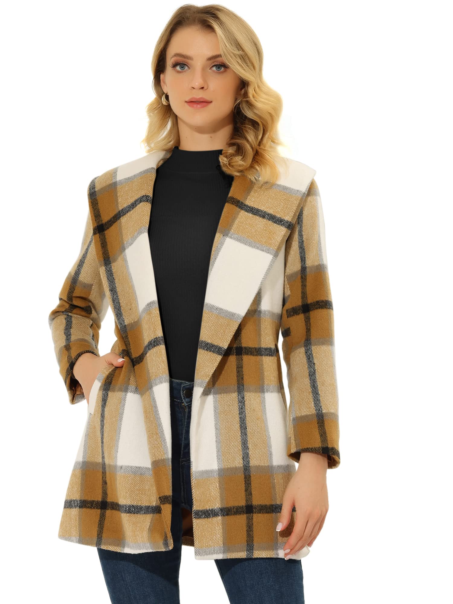 Allegra K Women's Plaid Belted Shawl Collar Tie