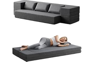 FILUXE Convertible Folding Sofa - Modern Linen Fabric Coffee Table, Foldable Floor & Futon Couch, Space-Saving Chair with Pillow for Living Room/Dorm/Guest Room/Home Office/Apartment,Full,Dark Gray