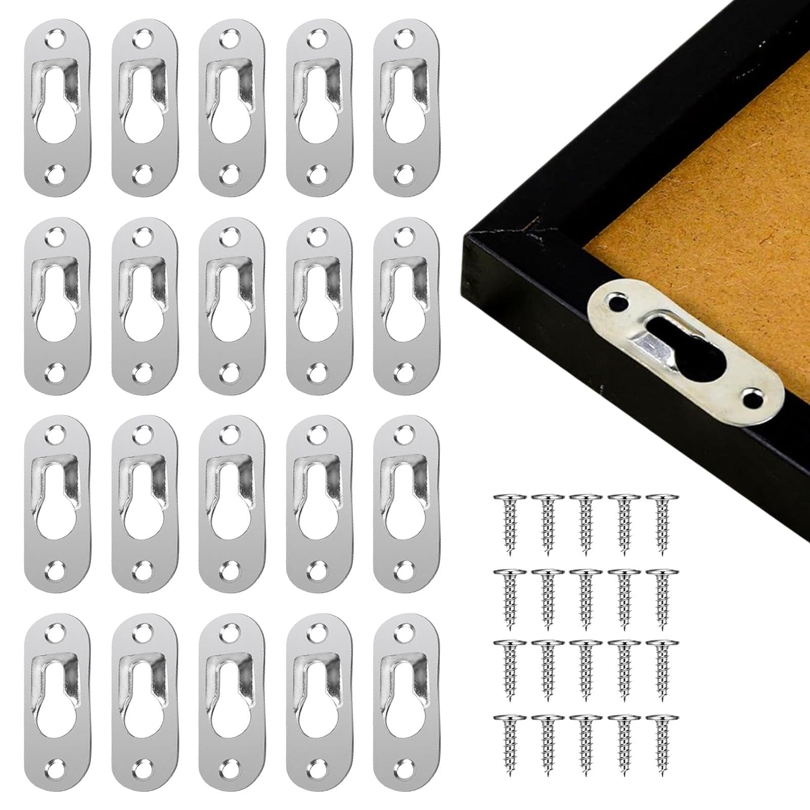 20 Pcs Single Keyhole Hangers, Metal Keyhole Hanging Plates, 45 X 16 mm Heavy Duty Picture Hanging Fasteners with 20 Pcs Screws for Furniture, Cabinet,Wardrobe,Mirror, Wall Art