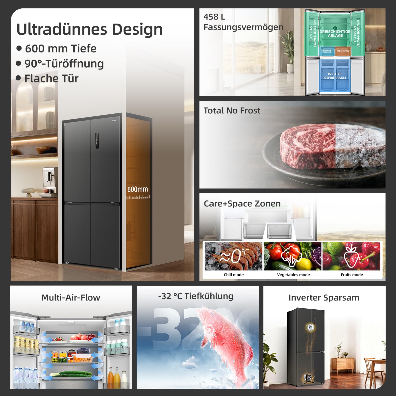 CHiQ Cross Door Kühlschrank, No Frost, 458L JustFit, MultiAirflow-System 3