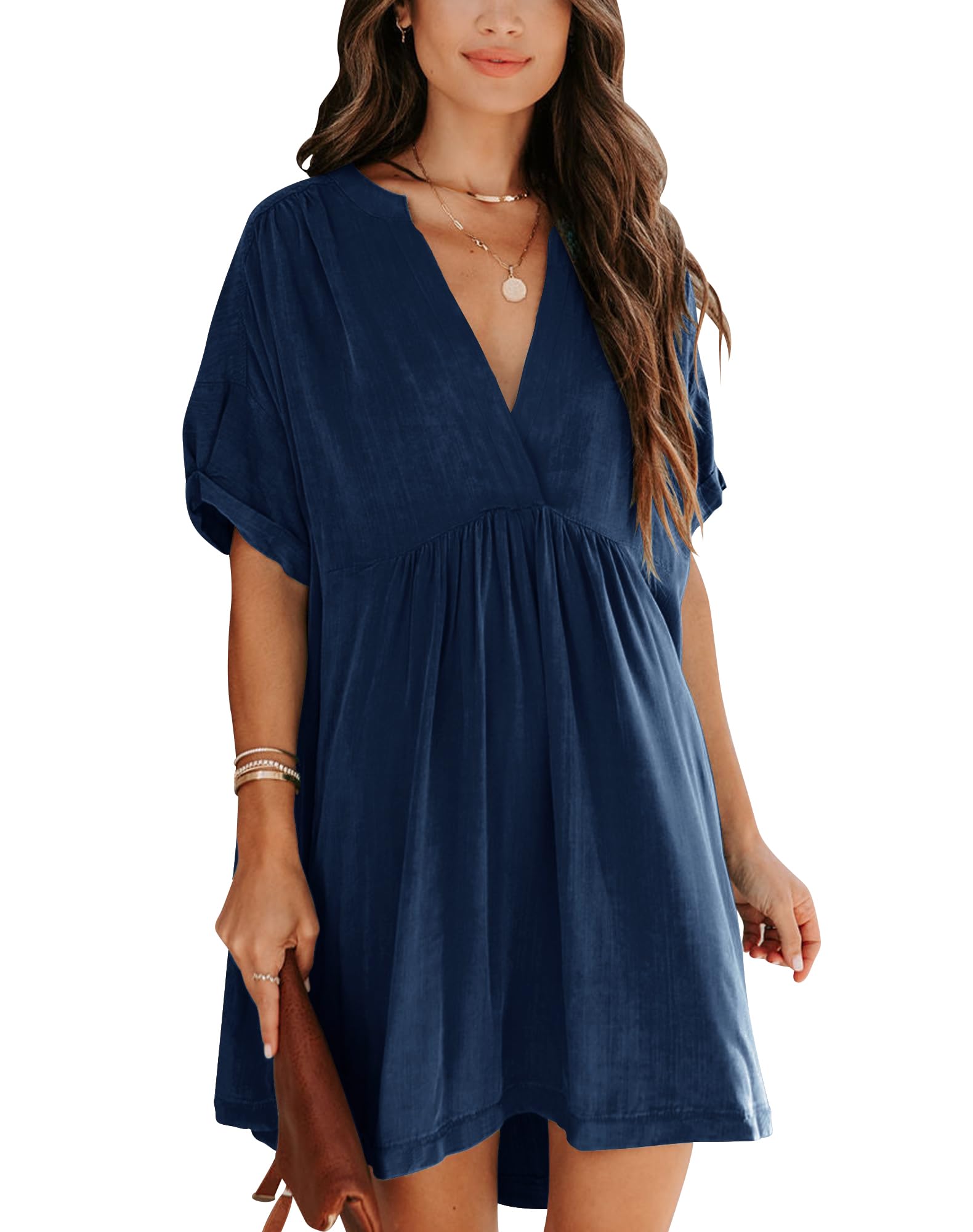 Photo 1 of Minclouse Women's Babydoll Short Sleeve Tunic Dress V Neck Cute Casual Loose Dresses Deep Blue