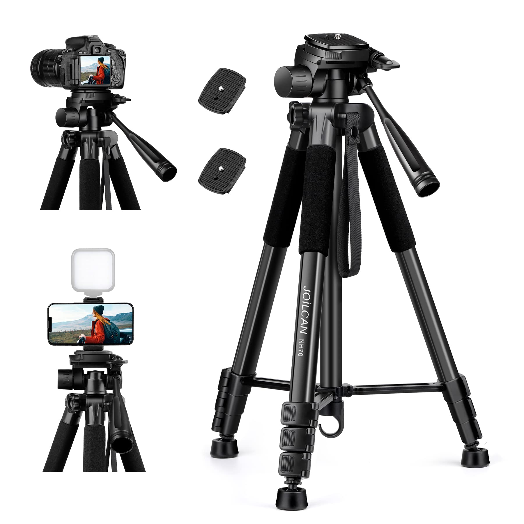 JOILCAN Aluminium Camera Tripod, 65inch Compact Travel Tripod for DSLR and Phone, Camera Tripods Stand with 3-Way Swivel for Canon/Sony/Nikon, Tripods for iPhone/Smartphone/Vlog, Up to 5.5kg