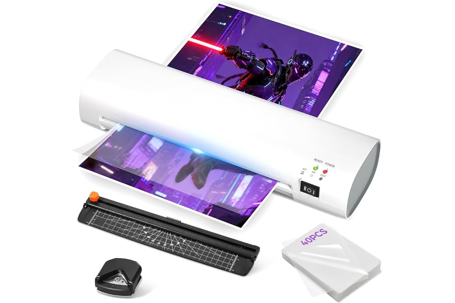 9 Inch Portable Laminator Machine with 40 Laminating | A4 Cold & Thermal Laminator, Laminating Machine with ABS Jam-Release for Home, Office, School, Business white