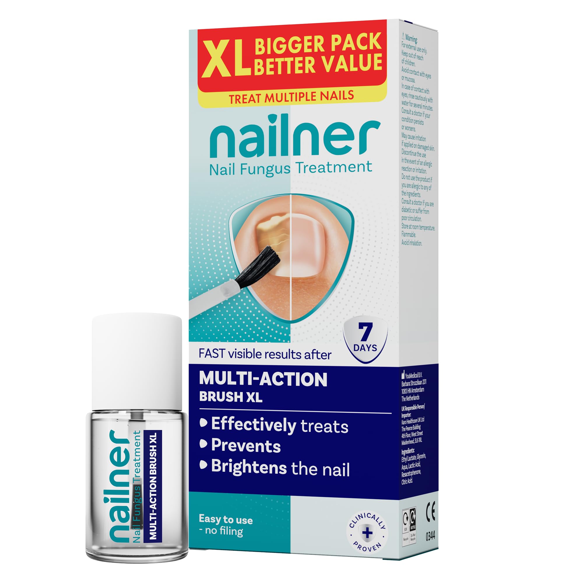 Nailner 2-in-1 Fungal Nail Treatment Brush 14 ml - Treat, Brighten & Prevent Fungal Nail Infection -XL Pack- Healthier and Brighter Looking Nails after 7 Days