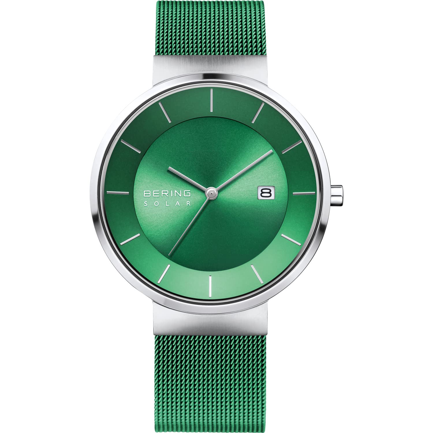 BERING Men's Solar Watch | 39mm Case | Wristwatch with Silver Case | Green Dial | Green Milanese Strap | 5 ATM | 14639-Charity