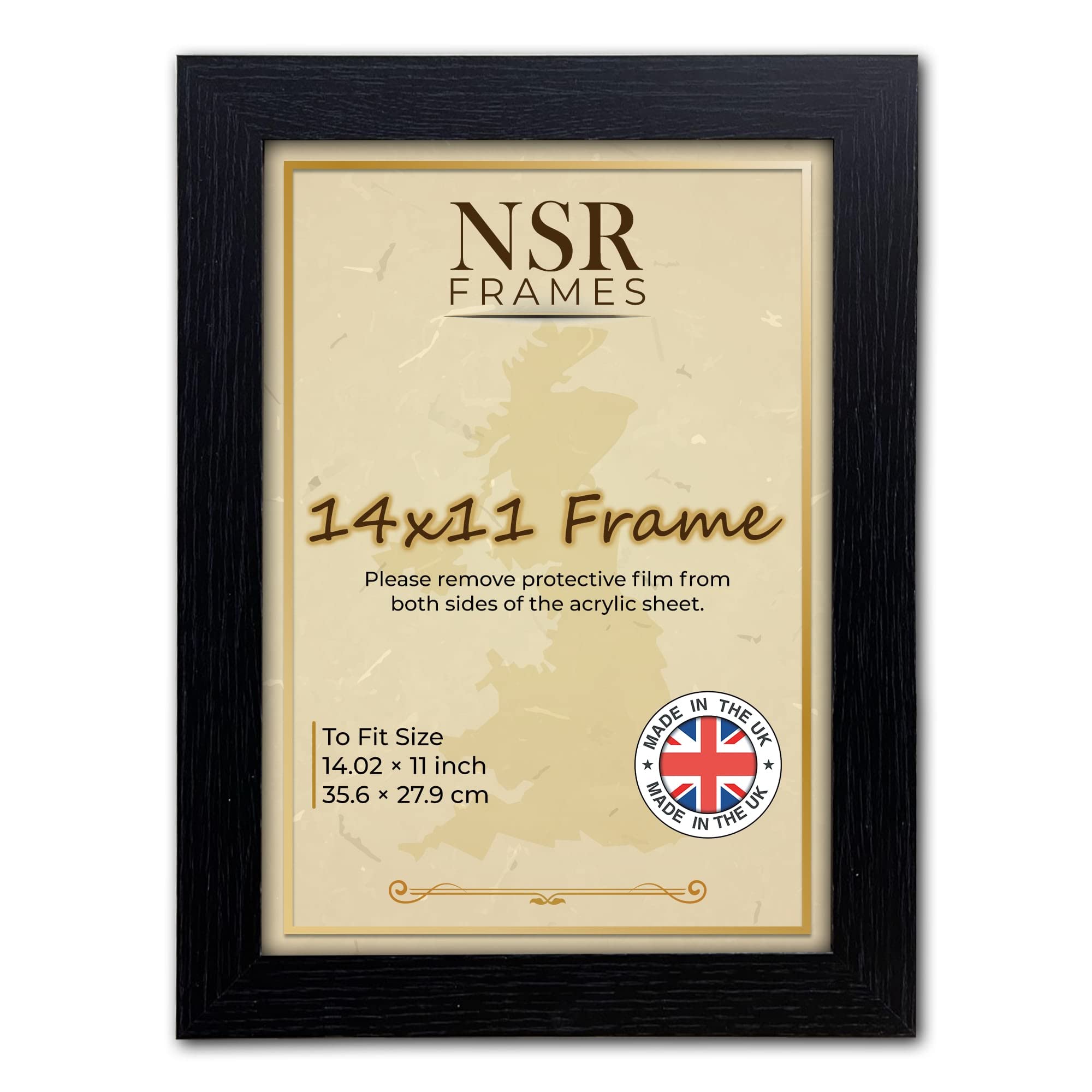 14 x 11 Inch Black Picture Photo Frame (35.6x27.9 cm) - Flat Wall Mount Hang Hooks Poster MDF Wooden Portrait/Panoramic Clear Acrylic Display