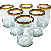 MAREY Hand Blown Mexican Drinking Glasses Artisan Crafted from Mexico Set of 6 pieces (Amber Rim, Water 16 Oz.)