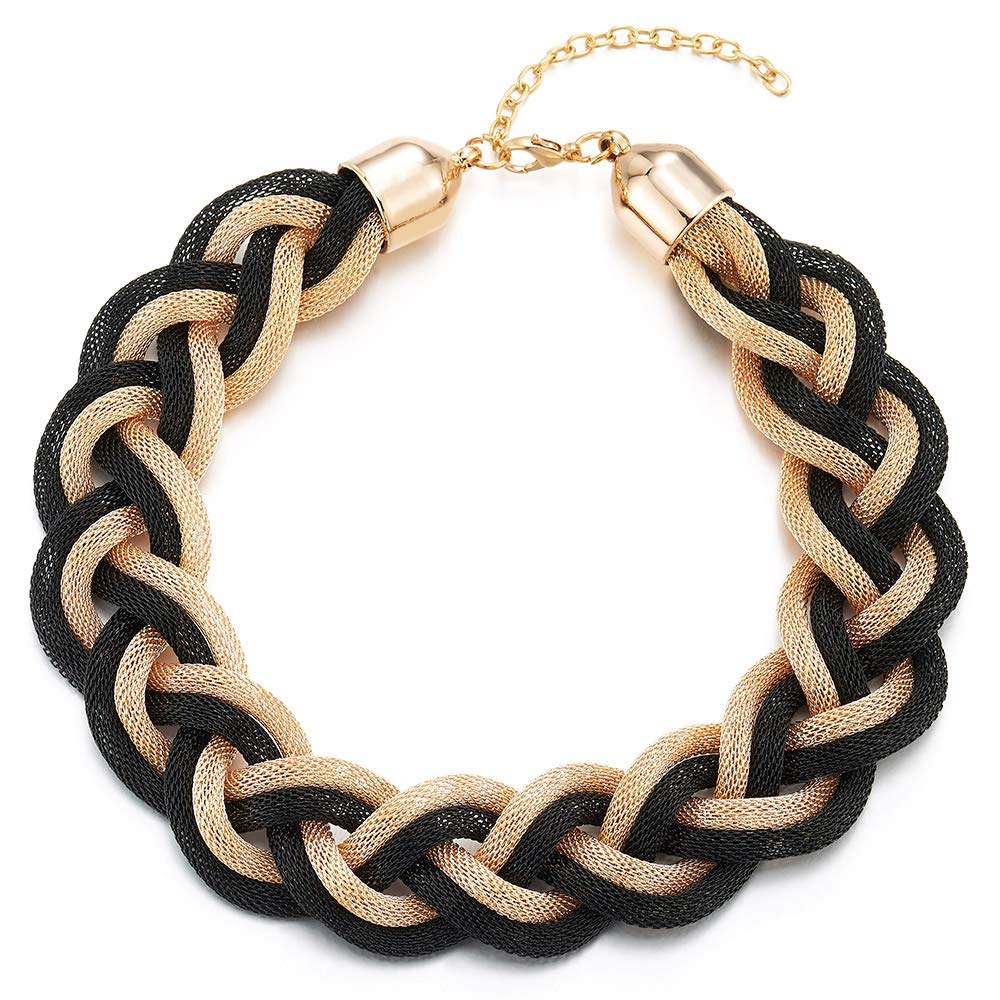 Gold Black Statement Necklace, Braided Hollow Cable Large Bib Choker Collar, Dress Prom — image 1