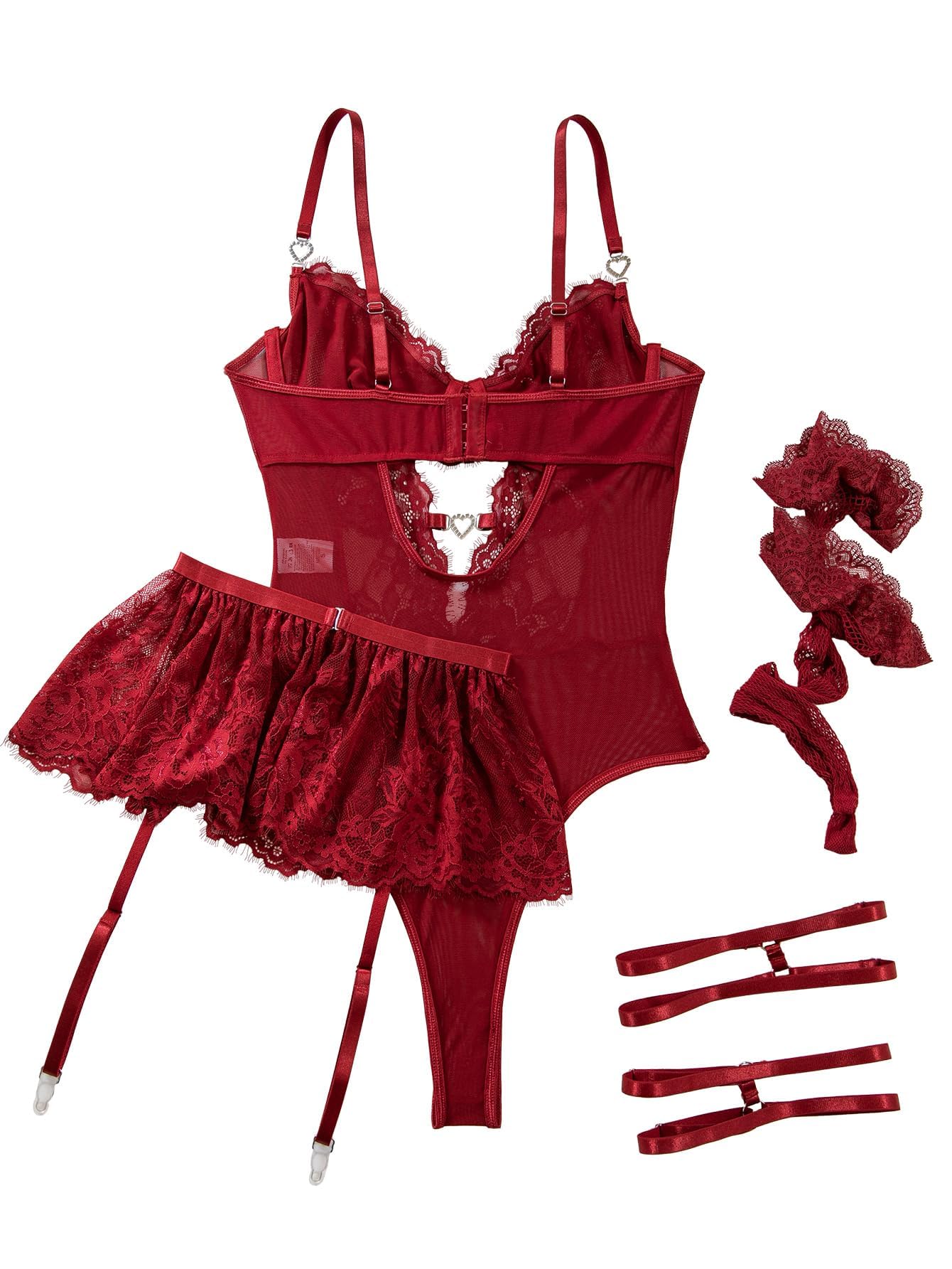 Lilosy Sexy Stocking Heart Rhinestones Underwire Babydoll Lace Mesh Garter
