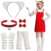 Mepase 8 Pcs Halloween Kitty Costume Accessories Kitty Ears Headband Cat Collar with Bell Arm Warmers Leg Warmers Red Hair Bows for Girl Women Halloween Cosplay